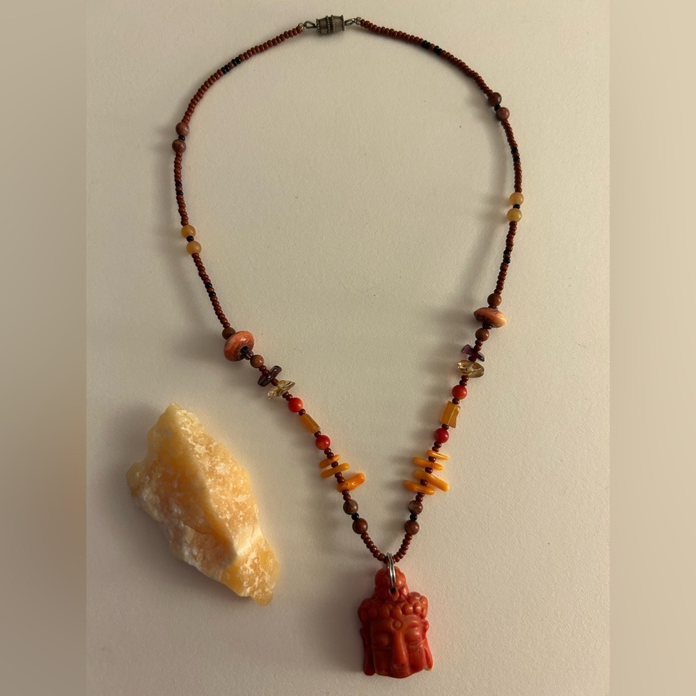 Vintage Necklace salmon Coral Buddha 1”, Coral, Amber, Jasper, seed beads 17”